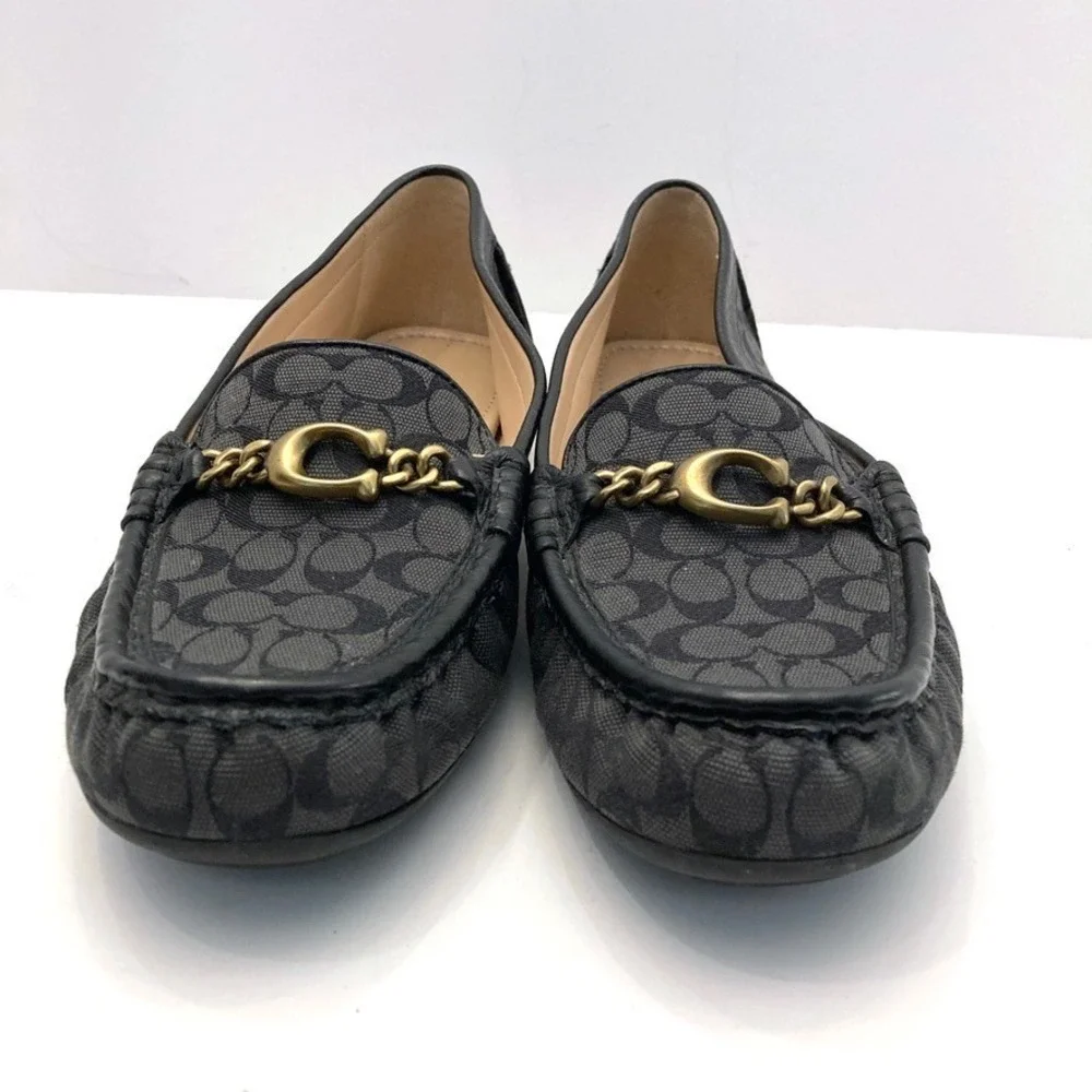 Coach Signature Loafer Black Logo Moc Toe Chain C Detail Womens 8.5 B EU 39